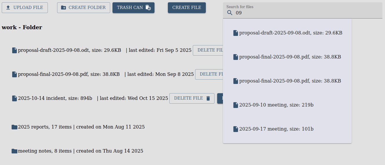 example of file navigation in a volume using search and default file list